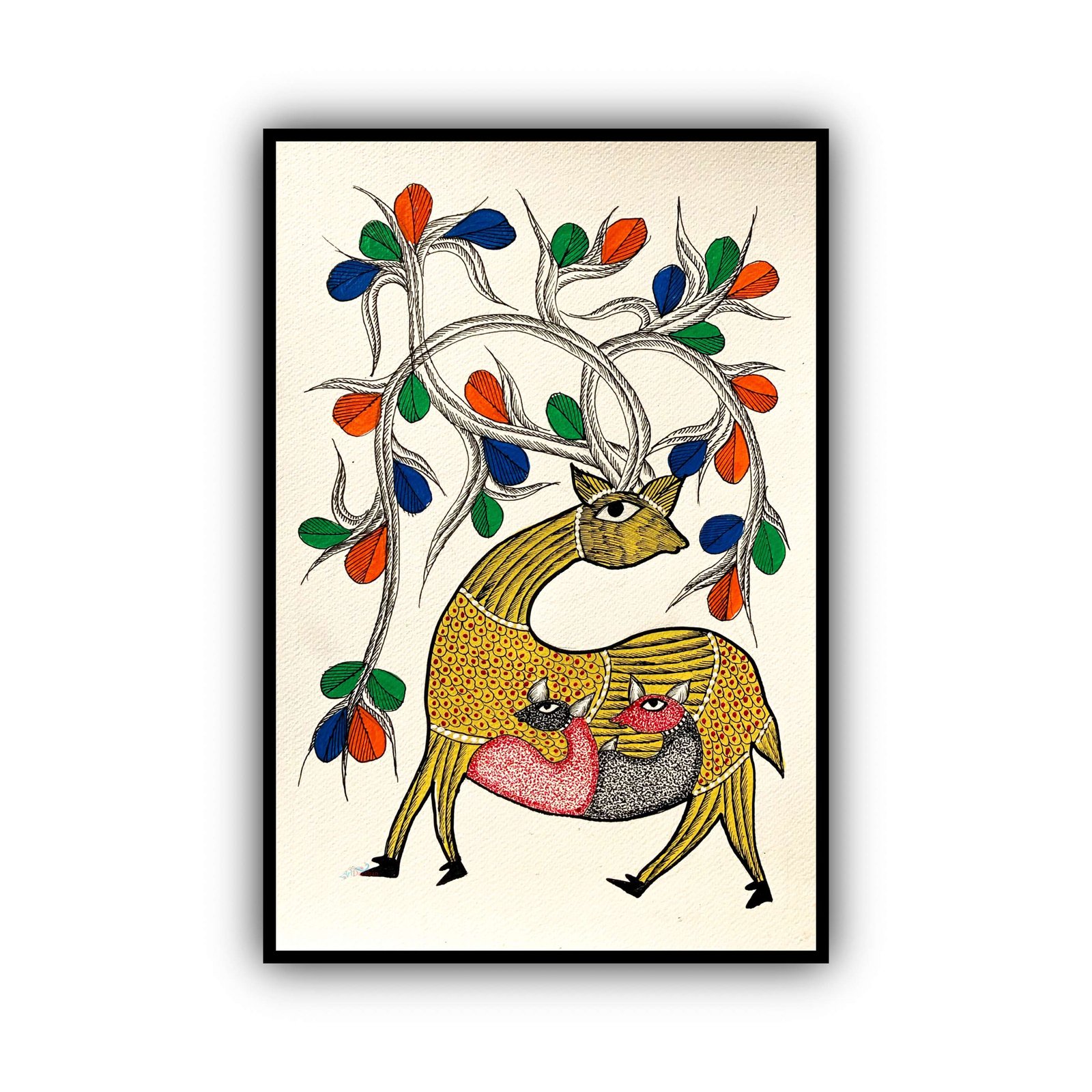 Framed Gond Art Painting of Deer with Fawns for Home Wall Art Decor